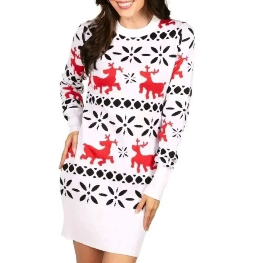 Tipsy Elves Womens White Fair Isle Reindeer Christmas Mini Sweater Dress XXL NWT